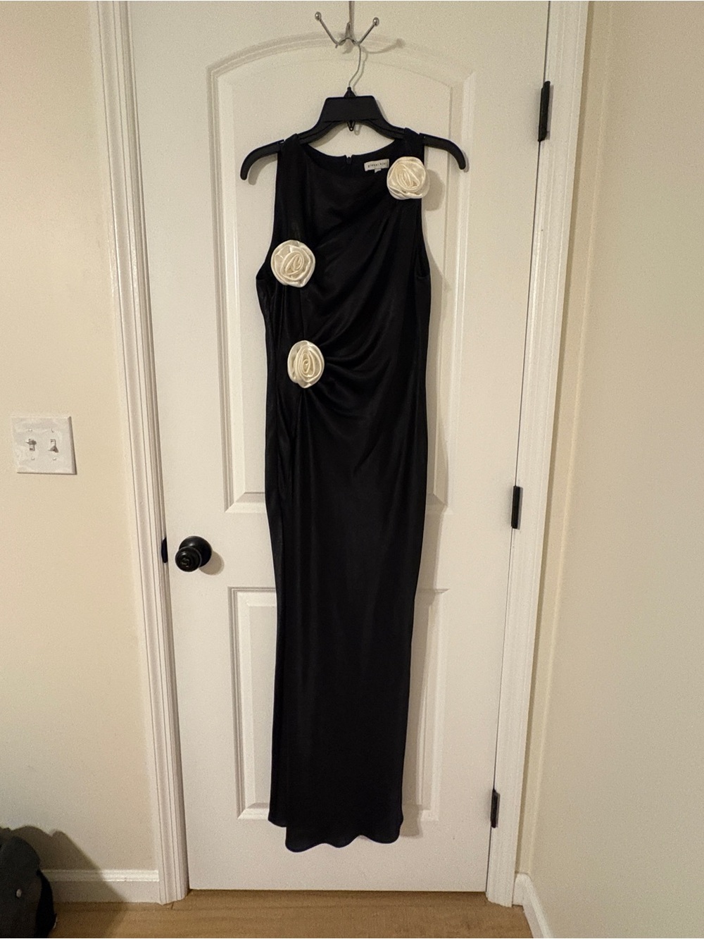 Cheyanne Satin 3D Rosettes Cutout Round Neck Sleeveless Ruched Slip Maxi Dress